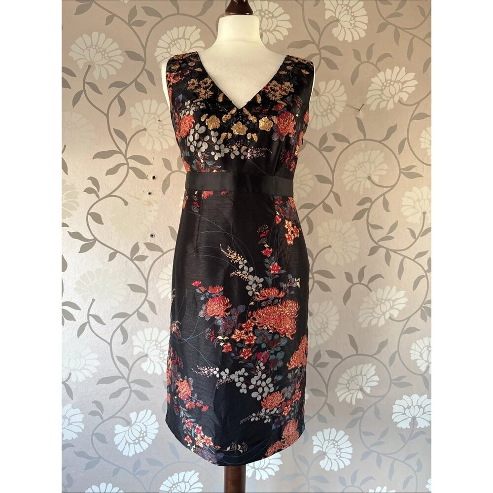 Monsoon 10 Black Evening Party Dress Fitted Chinese Style Print Sequin Detail